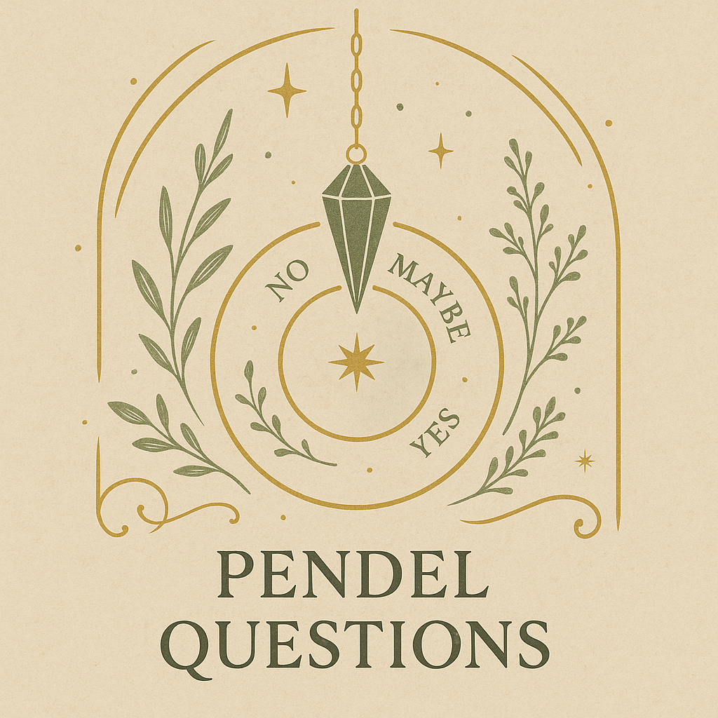 Illustration of pendulum divination with green crystal pendulum, golden star chart marked Yes, No, Maybe, botanical accents, and crescent moon motifs on parchment background.