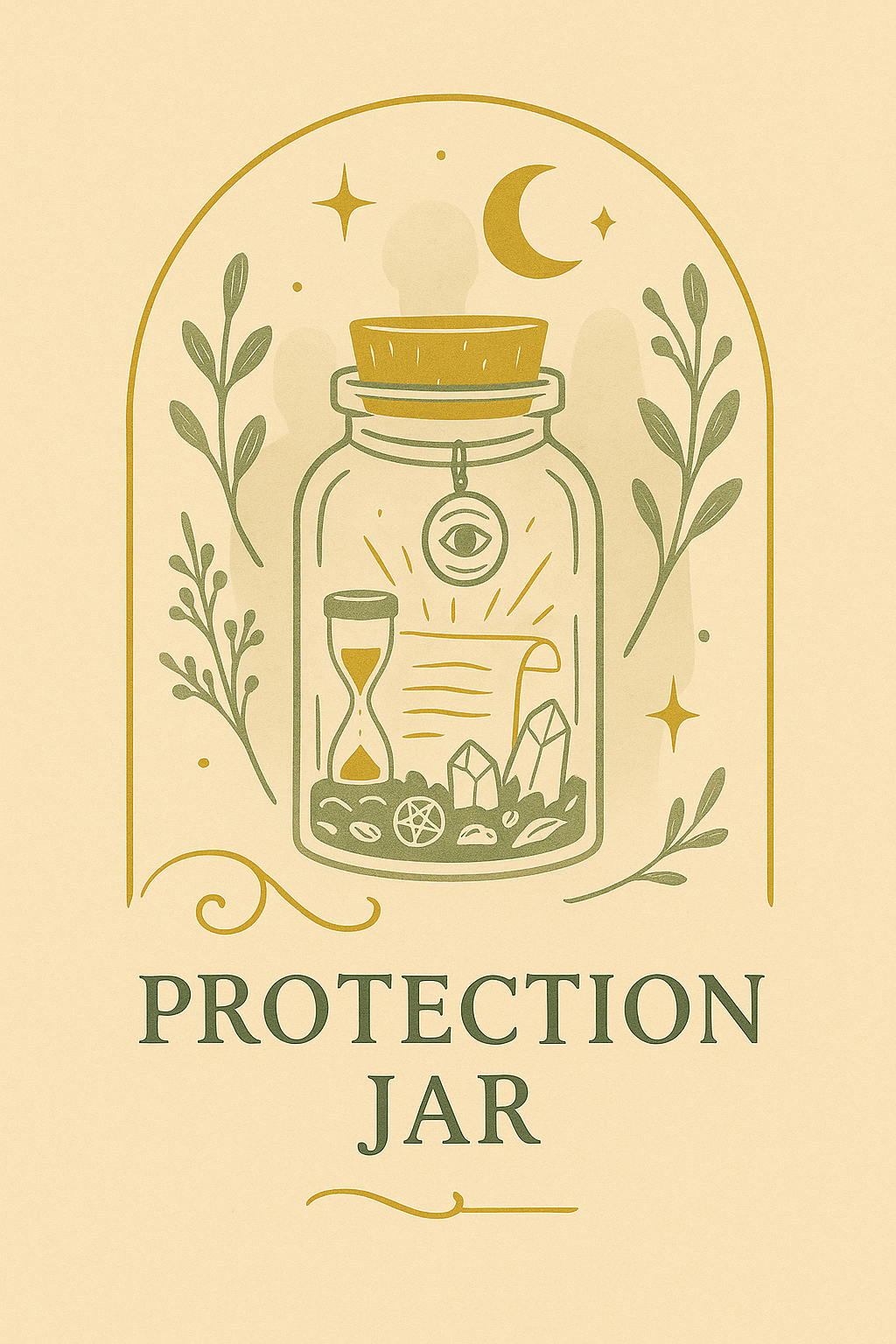 Protection Jar featuring cork-sealed glass jar with crystals, herbs, pentacle charm, golden eye symbol, crescent moon, stars, and botanical accents on parchment background