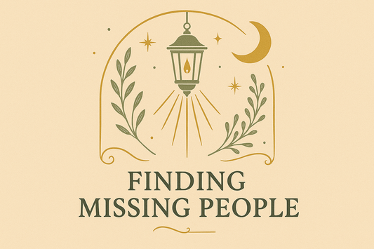 Vintage-style illustration for 'Finding Missing People' featuring a hanging lantern casting golden rays, crescent moon, stars, and botanical accents framed in an arched gold border on a beige background.