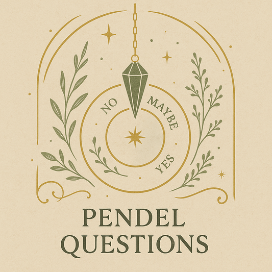Illustration of pendulum divination with green crystal pendulum, golden star chart marked Yes, No, Maybe, botanical accents, and crescent moon motifs on parchment background.