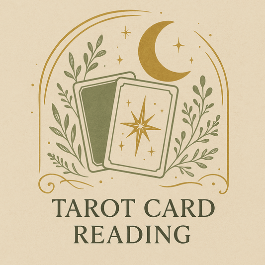 Illustration of tarot card reading with two tarot cards, golden crescent moon, green botanical accents, and decorative golden curves on a parchment background.