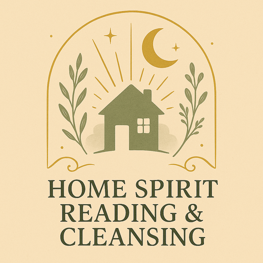 Logo for 'Home Spirit Reading & Cleansing' with a house, moon, and stars on a beige background.