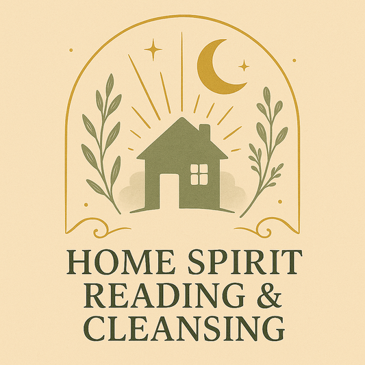 Logo for 'Home Spirit Reading & Cleansing' with a house, moon, and stars on a beige background.