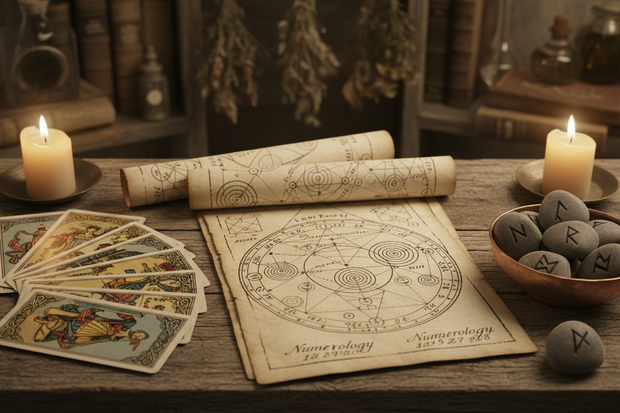numerology old fashioned way, tarot cards, rune stone